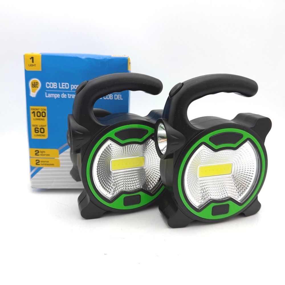 2 Greenbrier COB LED Portable Work Lights Black Green 100 Lumens Dual Lights NEW
